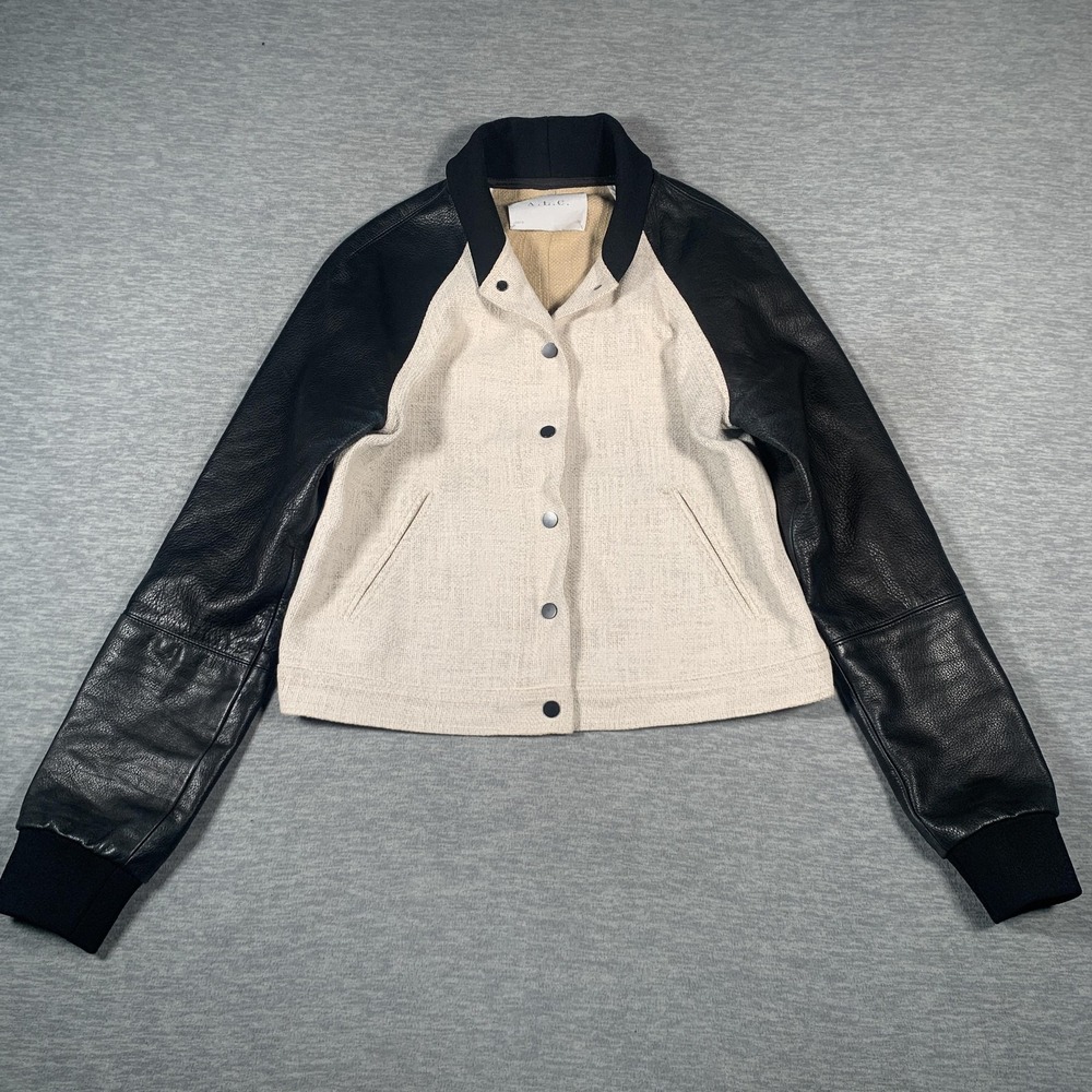 A.L.C. Jacket Womens Small Black Leather Sleeves Beige Tweed Varsity Bomber USA